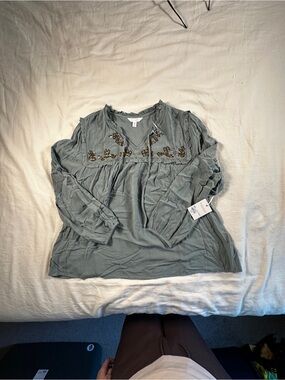 Embroidered V-Neck Long Sleeve Women’s Top - blue/green